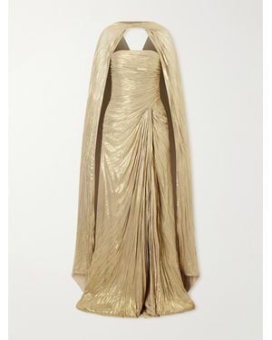 Marmar Halim Cape-Effect Plissé Metallic-Satin Gown - Natural