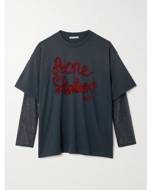 Acne Studios Tinsel-Trimmed Layered Cotton-Jersey And Mesh T-Shirt - Blue