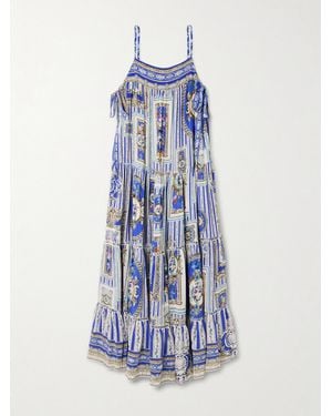 CAMILLA Maxikleid Aus Seidensatin Mit Spitzeneinsätzen, Teilungsnähten Und Schleifen - Blau