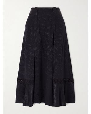 Maison Mayle Amparo Pleated Lace-Trimmed Silk-Satin Jacquard Midi Skirt - Blue