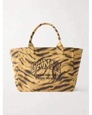Ganni Shopper Xxl Embroidered Zebra-Print Cotton-Canvas Tote - Metallic
