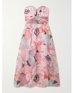 Rebecca Vallance Strapless Gathered Floral-Print Silk-Organza Midi Dress - Pink