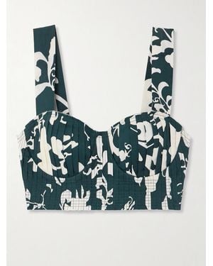 Emporio Sirenuse Dalia Pleated Frayed Floral-Print Cotton Bustier Top - Blue