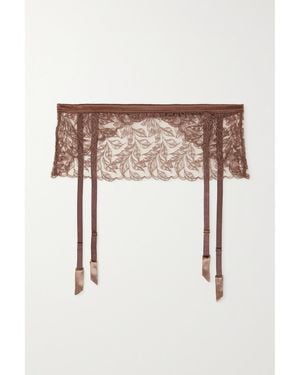Coco De Mer Paeonia Satin-Trimmed Embroidered Tulle Suspender Belt - Brown