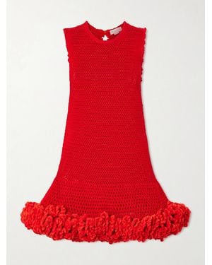 Stella McCartney Nature Flow Ruffled Open-Knit Wool Mini Dress - Red