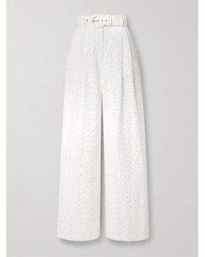 Sergio Hudson Belted Pleated Broderie Anglaise Cotton Wide-Leg Pants - White