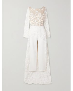 Rime Arodaky Patsy Lace-Trimmed Embroidered Tulle And Crepe Jumpsuit - White