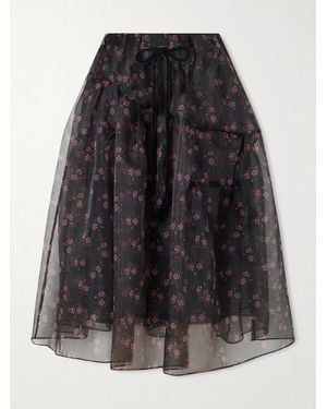 Simone Rocha Tiered Floral-Print Organza Midi Skirt - Black