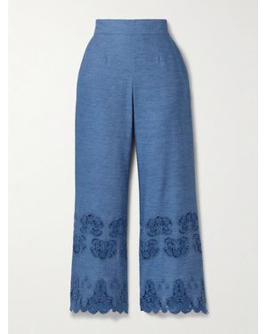 Miguelina Alegra Scalloped Guipure Lace-Trimmed Cotton-Chambray Flared Trousers - Blue