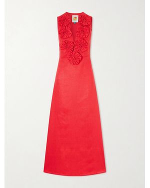 FARM Rio Floral-Appliquéd Linen Midi Dress - Red