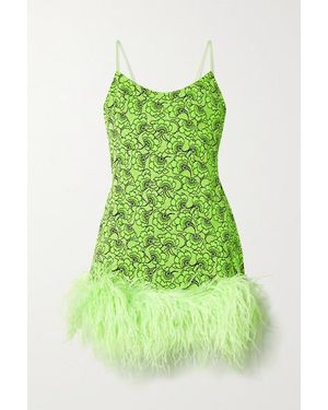 Leslie Amon Laurie Feather-trimmed Metallic Neon Floral-jacquard Mini Dress - Green