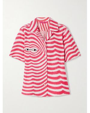 The Elder Statesman Embroidered Striped Cotton-Terry Shirt - Pink