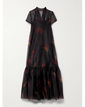 STAUD Calluna Tie-Neck Tiered Printed Organza Maxi Dress - Black