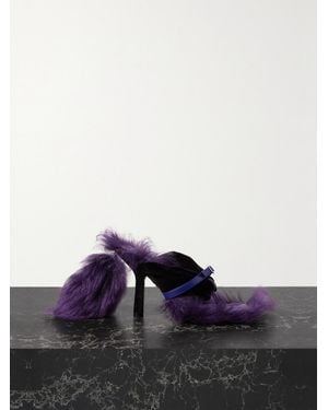 Burberry Faux Fur-Trimmed Leather And Velvet Mules - Purple