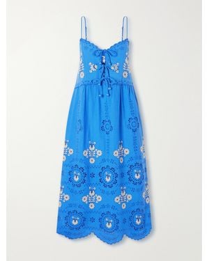 Sea Catharina Floral-Embroidered Cotton And Linen-Blend Maxi Dress - Blue