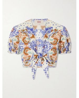 Emporio Sirenuse Poppy Knotted Printed Cotton-Poplin Cropped Top - White