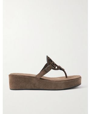 Tory Burch Miller Cutout Suede Wedge Sandals - Brown