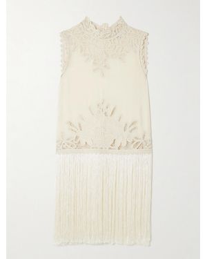 Sea Adelina Tie-Side Fringed Lace-Paneled Woven Top - Natural