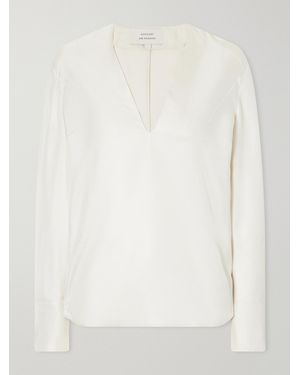 Loulou de Saison Syla Velvet-Trimmed Silk-Blend Twill Blouse - White