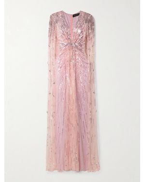 Jenny Packham Rush Embellished Cape-Effect Tulle Gown - Pink