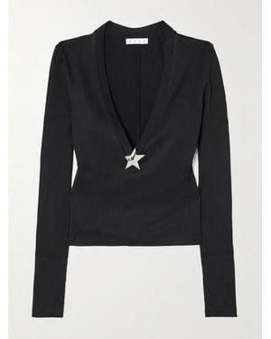 Area Embellished Ribbed-Jersey Top - Black