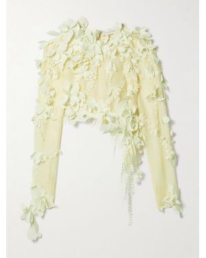 Zimmermann Harmony Cropped Asymmetric Appliquéd Linen And Silk-Blend Top - White