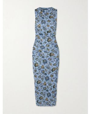 Veronica Beard Sylviani Ruched Floral-Print Stretch-Tulle Midi Dress - Blue