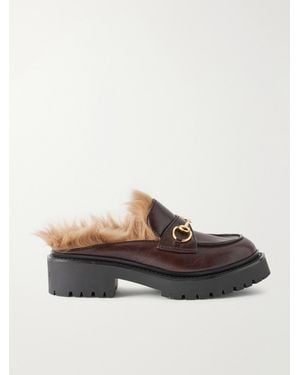 Gucci Rhody Horsebit-Embellished Shearling-Lined Leather Slip-Ons - Brown