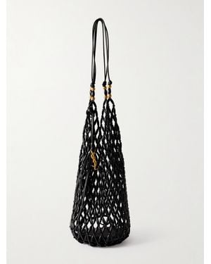 Saint Laurent Leather-Trimmed Beaded Wood Tote - White