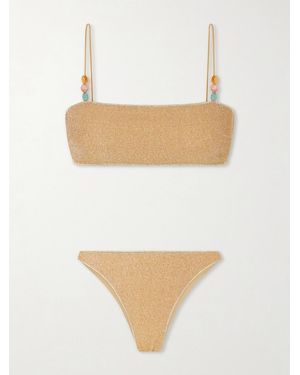 Oséree Lumiere Bead-Embellished Metallic Bikini - White