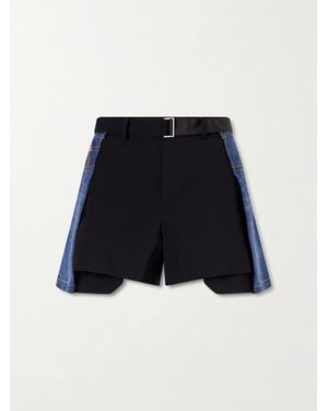 Sacai Belted Wool-Trimmed Denim Shorts - Blue