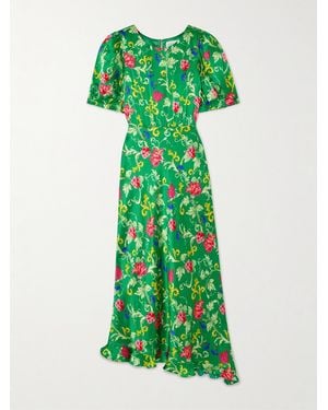 Saloni Vida D Ruffled Floral-Print Silk-Satin Dress - Green