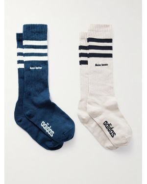 adidas Originals Wales Bonner Set Of Two Embroidered Striped Ribbed Cotton-Blend Socks - Blue