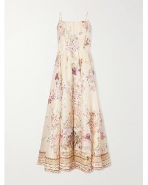 CAMILLA Crystal-Embellished Printed Linen And Silk-Blend Midi Dress - Natural