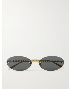 Gucci Goldfarbene, Rahmenlose Sonnenbrille Mit Ovalem Glas Und Kunstperlen - Grau