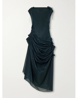 PAULINE DUJANCOURT Najia Floral-Appliquéd Gathered Asymmetric Jersey Midi Dress - Blue
