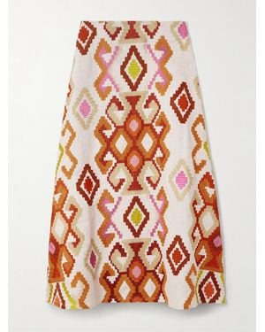 Marta Ferri Santorini Embroidered Linen-Blend Midi Skirt