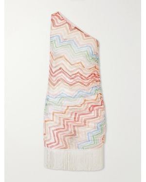 Missoni One-Shoulder Fringed Striped Mesh Mini Dress - White