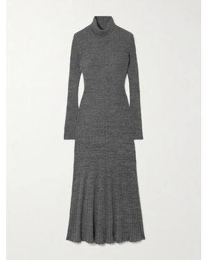 Moncler Ribbed Wool Turleneck Midi Dress - Gray