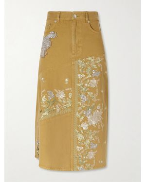 Erdem Embellished Embroidered Denim Midi Skirt - Yellow