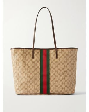 Gucci Leather-Trimmed Coated Canvas-Jacquard Tote - Natural