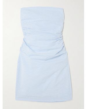 BERNADETTE Vera Strapless Ruched Striped Cotton-Seersucker Mini Dress - Blue