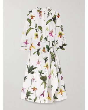 Oscar de la Renta Belted Pleated Floral-Print Cotton-Blend Poplin Midi Shirt Dress - White