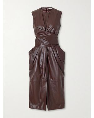 Altuzarra Tippi Gathered Tie-Detailed Leather Midi Dress - Brown
