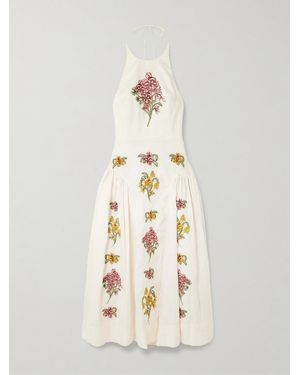 Agua Bendita Balsa Embellished Embroidered Linen Halterneck Midi Dress - White