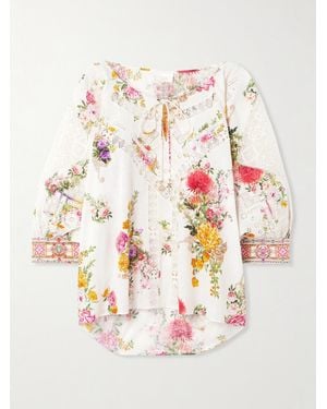 CAMILLA Tie-Detailed Embellished Guipure Lace-Trimmed Floral-Print Cotton-Voile Blouse - White