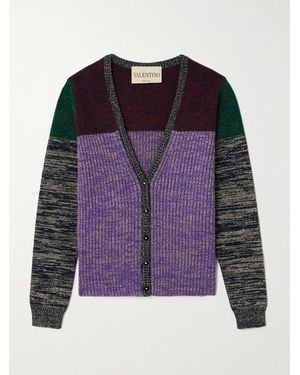 Valentino Garavani Color-Block Metallic Ribbed Wool-Blend Cardigan - Purple