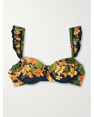Agua Bendita Kiwi Cordillera Ruffled Floral-Print Stretch Recycled Bikini Top - Metallic