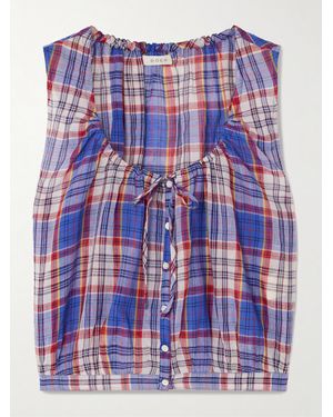 Doen Theo Tie-Neck Checked Cotton-Voile Top - Blue