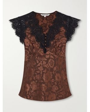 Veronica Beard Pascaline Lace-Trimmed Floral-Jacquard Silk-Blend Satin Blouse - Brown